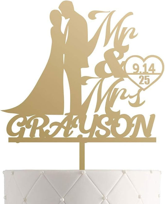 Personalized Mr. & Mrs. Wedding Cake Topper – Custom Bride & Groom Cake Decoration – Elegant Wedding Décor, Anniversary, Engagement Party (Design 7 (IND101), Gold Mirror)