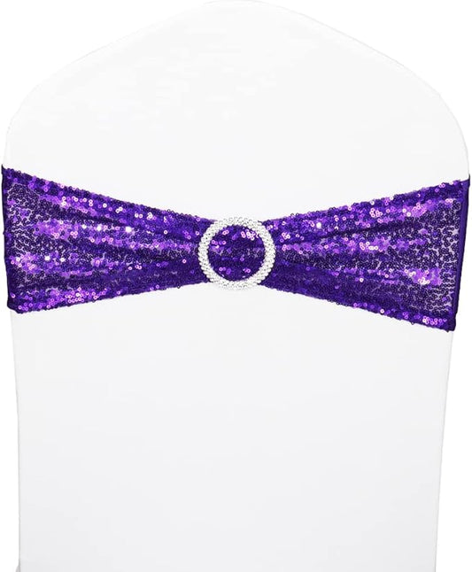 Sequin Chair Sashes Spandex, Pack of 20 Sequin Stretch with Buckle Chair Bands for Wedding Banquet Birthday Graduation Party Anniversary Prom Celebration Chair Decorations (Dark Purple, 20pcs)