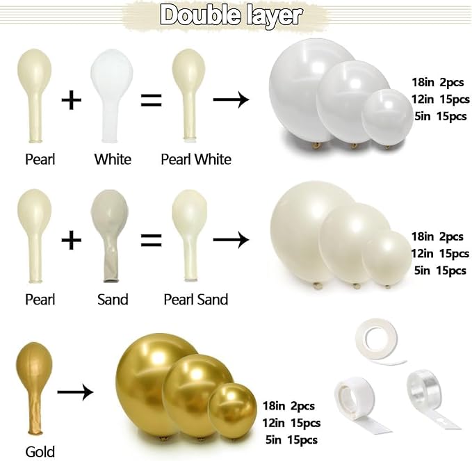 White and Gold Balloon Garland - Double Stuffed Pearl Sand White Gold Balloons Arch Kit 5 12 18 inch for Birthday Graduation Bar Mitzvah Bachelorette Wedding Baby Shower Party Decorations