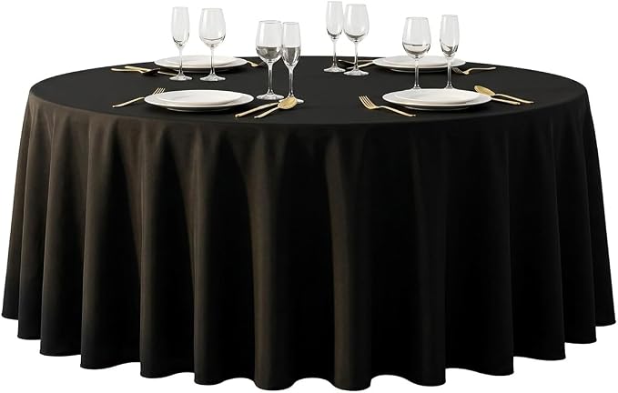 120 Inch Black Polyester Tablecloth, Soft & Easy to Iron, Stain Resistant Wrinkle Free Circle Table Cover, Washable Reusable for Wedding, Party, Birthday, Banquet & Reception