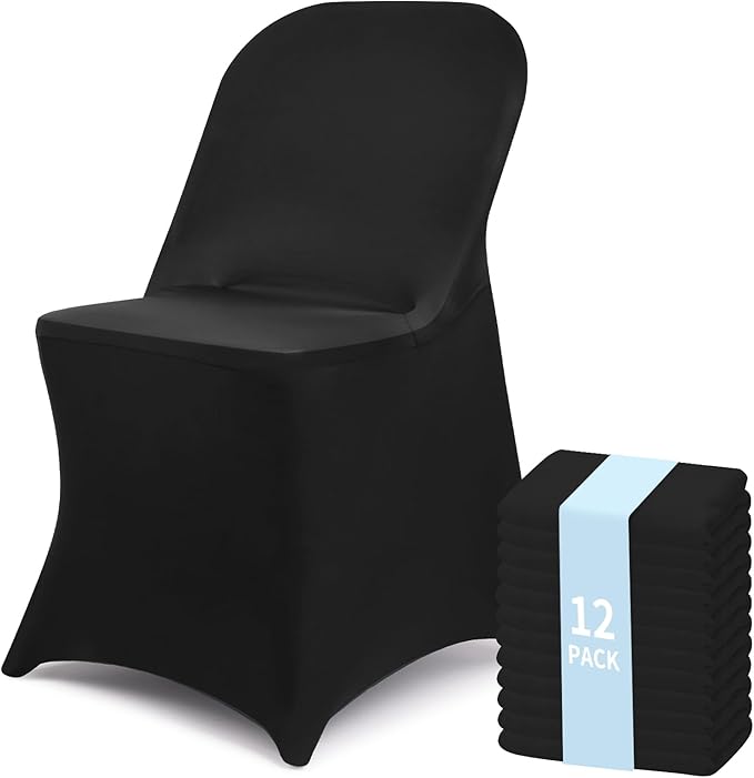 Fixwal 12 Pcs Black Folding Chair Cover, Spandex Stretch Covers Ideal for Wedding, Party, Dining, Business Meeting, Banquet, Universal Fitted Washable Slipcover