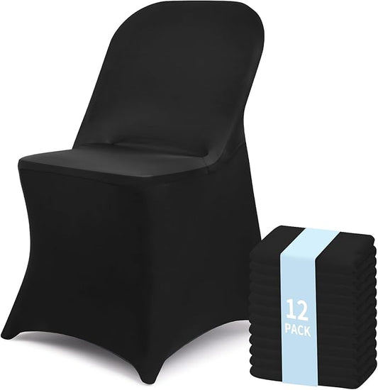 Fixwal 12 Pcs Black Folding Chair Cover, Spandex Stretch Covers Ideal for Wedding, Party, Dining, Business Meeting, Banquet, Universal Fitted Washable Slipcover