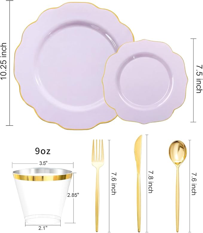 bUCLA 180PCS Purple Plastic Plates - Disposable Purple with Gold Rim, Include 30 Each (Dinner & Salad) Plates, 30 Knives, 30 Forks, 30 Spoons, 30Cups for Party, Shower & Birthday