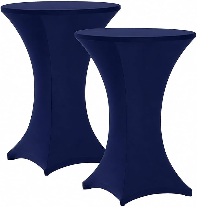 Cocktail Table Covers - 2 Pack 32x43 Inch Table Cloth - Navy Blue Fitted Stretch Spandex Round High Top Tablecloth for Party, Bar, Birthday, Pub, Banquet