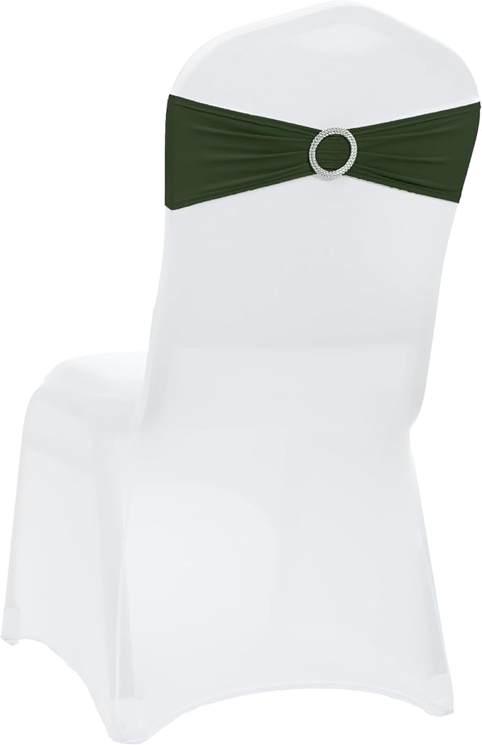 VDS - Olive | Spandex Chair Sashes Bows | 10 PCS | Stretch Elastic Banquet Universal Folding Chair Band Tie with Silver Buckle Slider for Wedding Party Conference Celebration Event Decoration