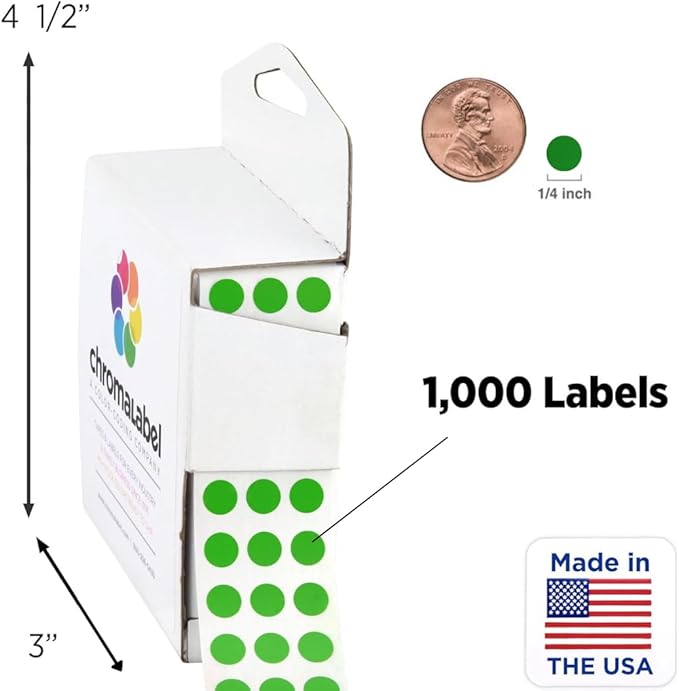 ChromaLabel 1/4 Inch Round Green Labels, Dot Stickers for Arts and Crafts, Circle Labels for Organization - 1000 Color Coding Labels per Dispenser Box, Green, Red, and Yellow Stickers