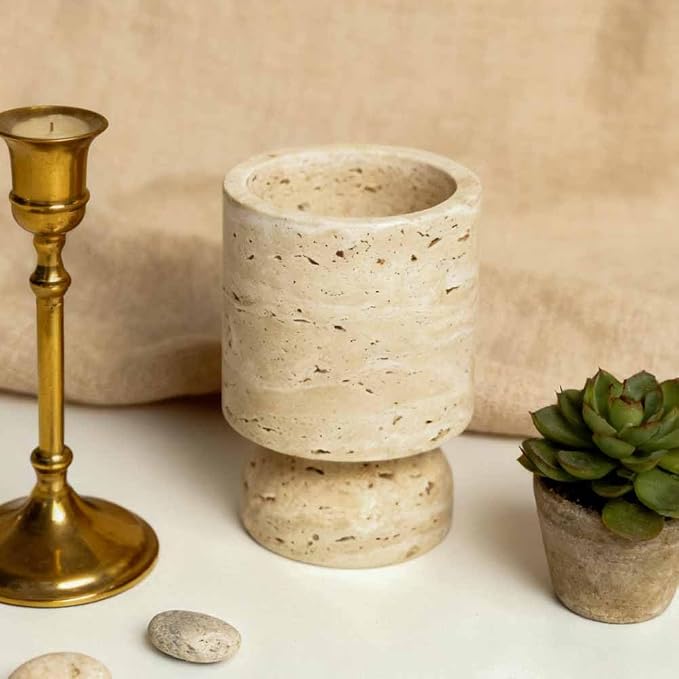 Farmhouse Travertine Pillar Candle Holder, Natural Stone Candlestick Decor | French Centerpieces for Table, Elegant Home Decor, Anniversary Weddings Gift