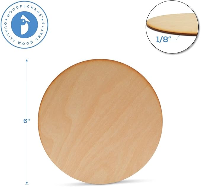 Wood Plywood Circles 6 inch, 1/8 Inch Thick, Round Wood Cutouts, Pack of 5 Baltic Birch Unfinished Wood Plywood Circles For Crafts, By Woodpeckers