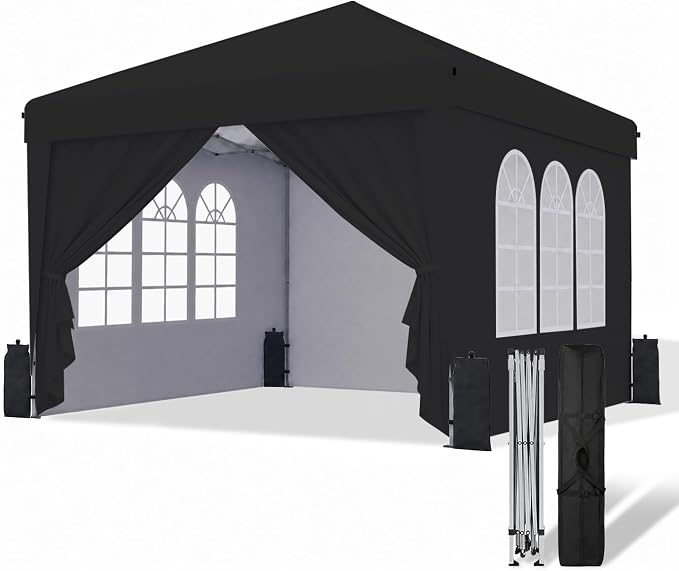 SANWAY 10x10 Pop Up Canopy with Sidewalls, Easy Setup Instant Canopy Tent, Portable with Carry Bag for Outdoor Events, Camping, and Backyard Parties – Black