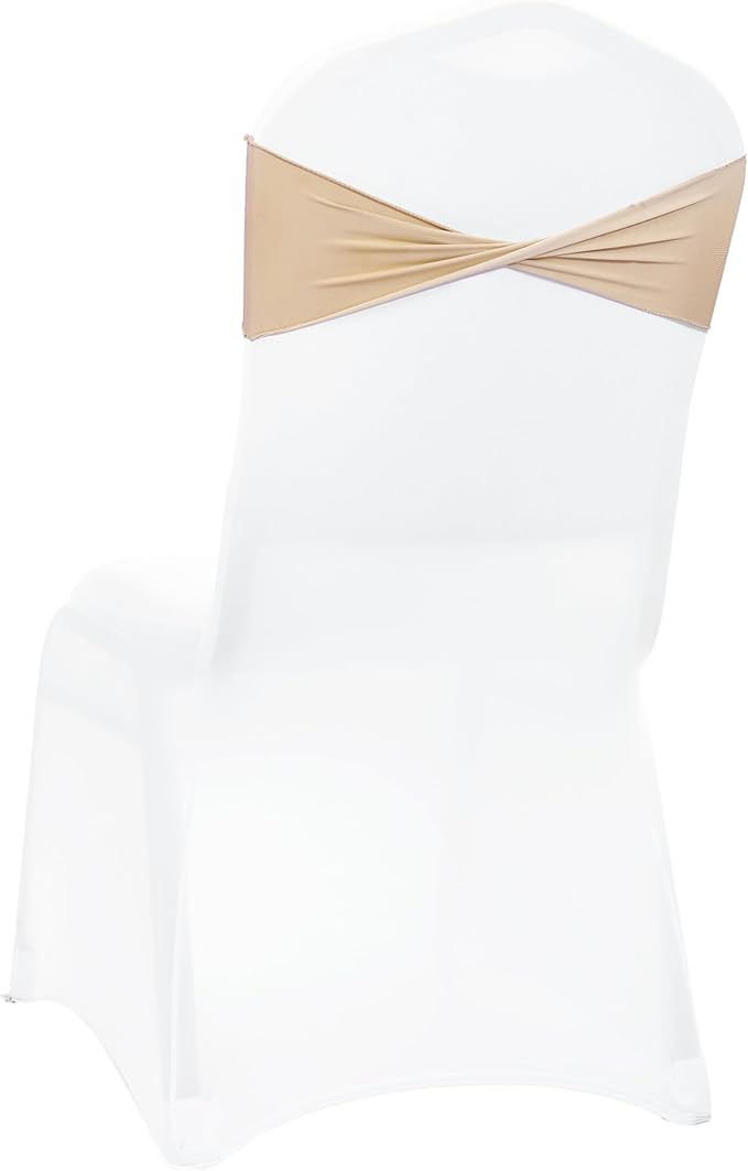 MDS Pack of 50 Spandex Chair Sashes Bows Elastic Stretch Dining Chair Bands Ties Without Slider Buckle Universal fits for Wedding Baby Shower Birthday Party Banquet Event Decoration - Champagne Gold
