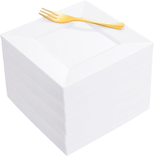 200 Pcs Elegant Square White Plastic Dessert Plates & Gold Forks Set - 100 Disposable Appetizer Plates and 100 Forks Combo - 6.5" Heavy Duty Cake Plates for Wedding, Party & Catering - BPA-Free