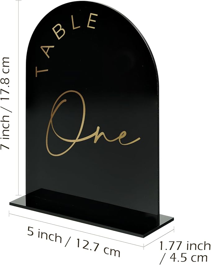 Black Arch Wedding Table Numbers 1-15 with Stands, 5x7 Inch Black Acrylic Sign with Gold Lettering, Arched Acrylic Table Numbers for Wedding Reception
