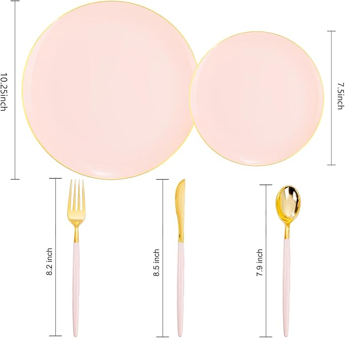 Liacere 150PCS Plastic Plates-Gold Plastic Silverware with Pink Handle - Pink Disposable Plates Include 30 Guests Plates, Forks, Spoons, Knives for Wedding＆Easter Day & Mothers Day