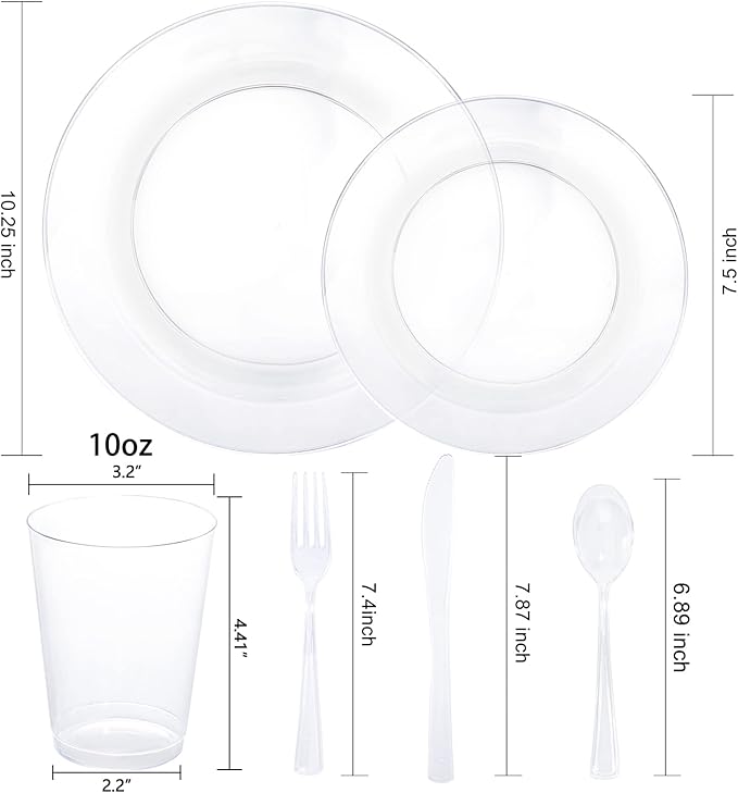 WDF 25 Guest Clear Plastic Plates with Clear Plastic Silverware - Clear Plates and Cups for Party include 25 Dinner Clear Plates, 25Salad Plates, 25Forks, 25Knives, 25 Spoons, 25Cups
