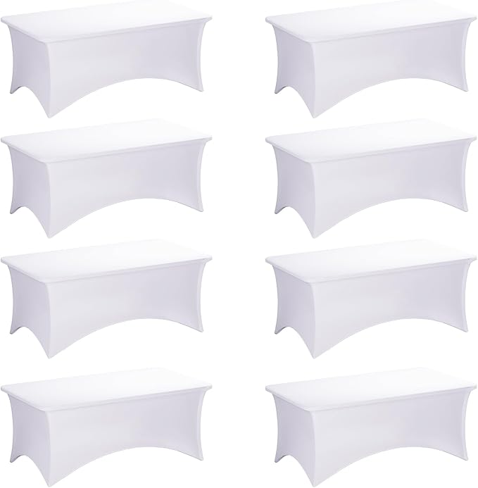 Fixwal White Stretch Table Cloth Rectangle 8 Pack 6Ft, Spandex Fitted Table Covers Washable for Party, Trade Show, Banquet, Wedding, Buffet