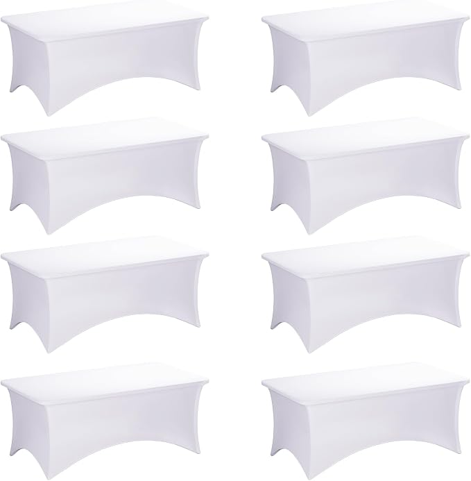 Fixwal White Tablecloths for 8 Foot Rectangle Tables, 8 Pack Spandex Stretch Fitted Table Covers for Party, Trade Show, Banquet, Wedding, Buffet