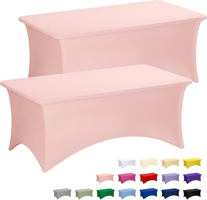 Fixwal Pink Stretch Table Cloth Rectangle 2 Pack 6FT, Spandex Fitted Table Covers Washable for Party, Trade Show, Banquet, Wedding, Buffet