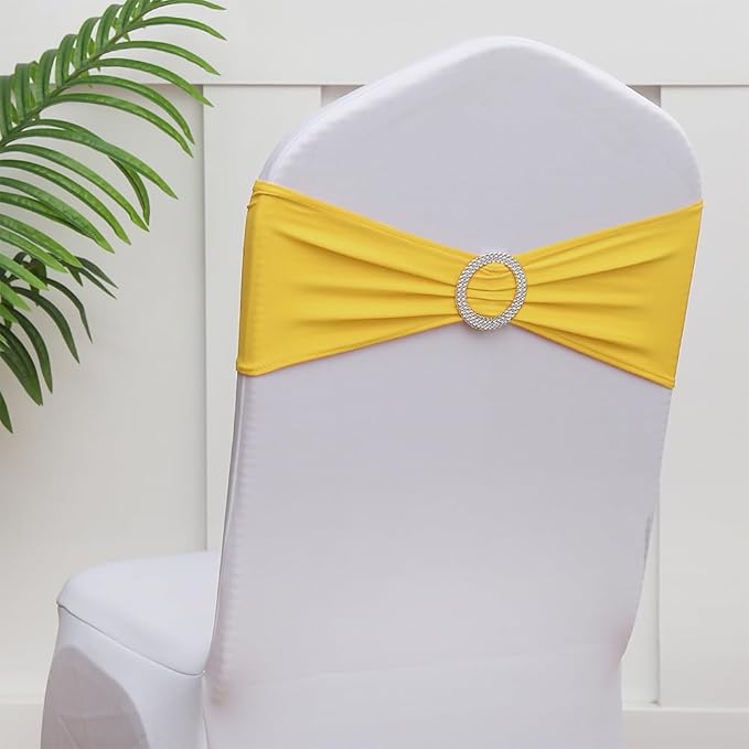 Spandex Yellow Chair Sashes 100 Pack, Yellow Chair Bands Sashes for Wedding Birthday Gender Reveal Party Decor, Chairs Ties