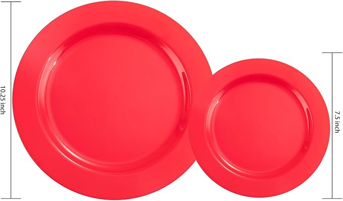 FLOWERCAT 60PCS Red Plastic Plates - Heavy Duty Red Plates Disposable for Party - Include 30PCS 10.25inch and 30PCS 7.5inch for 30 guests Birthday Party & Events &4th of July