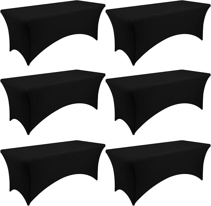 Moosfor Spandex Elastic Fitted 6FT Rectangle Tablecloth 6 Pack, Stretch Washable Reusable Table Cover for Outdoor Picnic, Dining, Wedding, Banquet & Party Events (Black, 72Lx30Wx30H Inch)