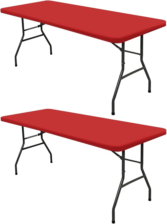 2 Pack Picnic Fitted Table Cover for 8 Foot Tablecloth for Rectangle Tables Waterproof Stretch Washable Folding Indoor and Outdoor Spandex Table Cloth for Camping Banquet and Parties (Red,30" x 96")