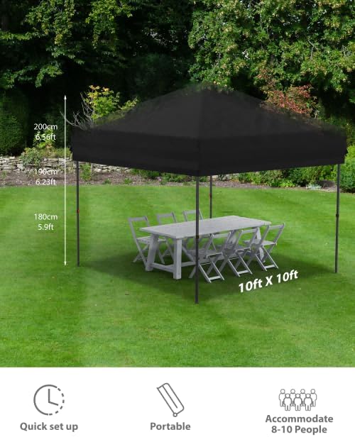 10x10 Pop Up Canopy with Removable 4 Sidewalls - Easy Up Camping Tent with One Button Push Setup - 1 Roller Bag, 3 Adjustable Height, 4 Weight Bags for Deck, Garden, Sports, Beach, Party - Black