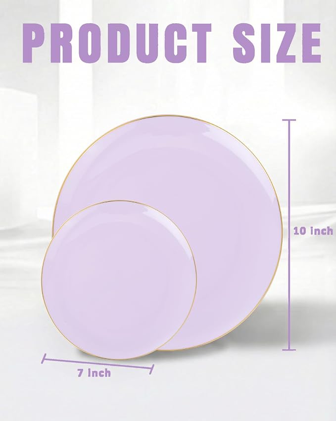 bUCLA 100PCS Purple Plastic Plates - Purple Lavender Disposable with Gold Rim - Include 50 Pieces 10inch Dinner & 50 Pieces 7inch Dessert Plates, Ideal for Party, Birthday & Spring