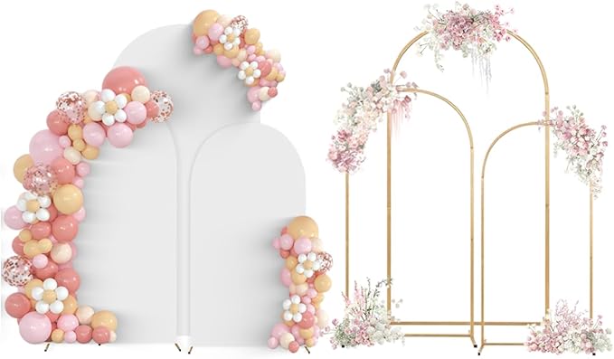 SuuWoee Arch Backdrop Stand Set of 3 With Cover (7.2FT+6FT+5FT),Gold Metal Wedding Arch Balloon Stand With Cover for Birthday Party Baby Shower Graduation Ceremony Decoration