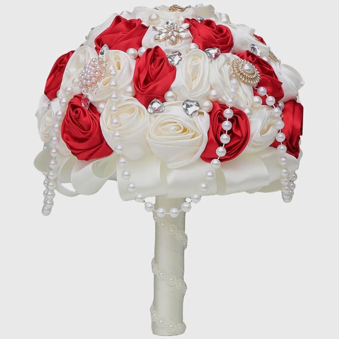 Burgundy and Ivory Bridal Wedding Bouquet with Rhinestone Brooch Pearl String Cascade Bouquet for Bride Bridesmaid Quinceanera Satin Rose Flower Bouquet Wedding Ivory and Burgundy 7.5in
