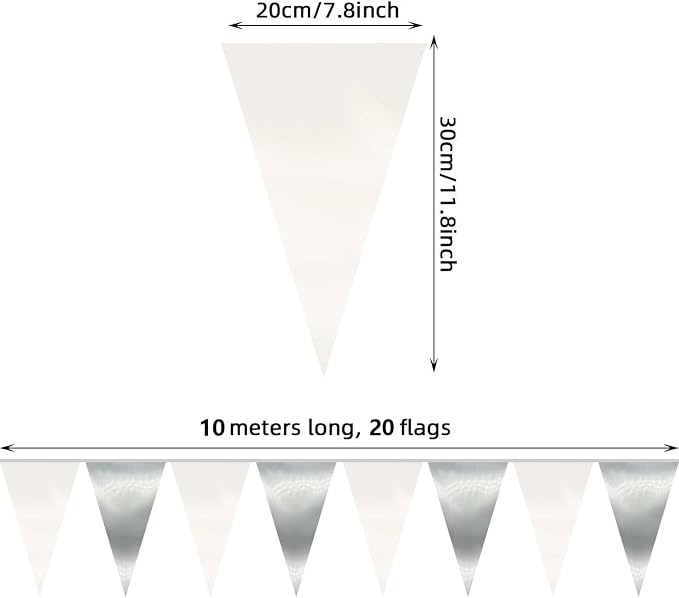130FT White Silver Triangle Pennant Banner Flag Metallic Fabric Bunting Garland for Christmas Graduation Birthday Wedding Bridal Shower Nautical Ahoy Achor Theme Party Decorations Supplies