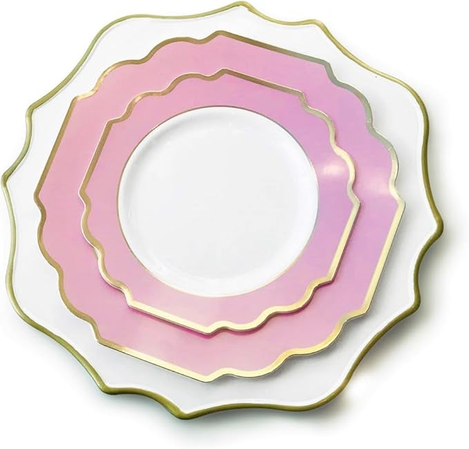 OCCASIONS Rose Gold Plastic Plates, 50 Pack for 25 Guests - Disposable Dinner & Dessert Plate Set, 25x10.5" + 25x8", Heavyweight Premium, BPA-Free (Imperial in Rose Pink & Gold)