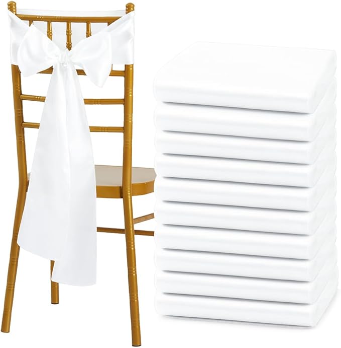 10 Pcs White Satin Chair Sashes Bows Universal Chair Cover for Wedding Reception Events Banquets Party, Hotel Event Decorations, 6 x 108 inch