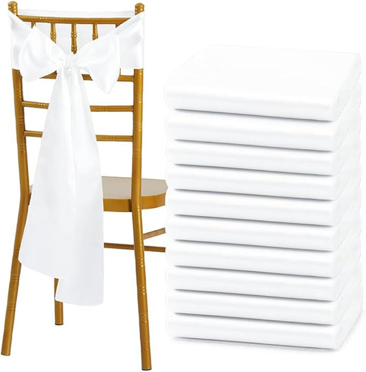 10 Pcs White Satin Chair Sashes Bows Universal Chair Cover for Wedding Reception Events Banquets Party, Hotel Event Decorations, 6 x 108 inch