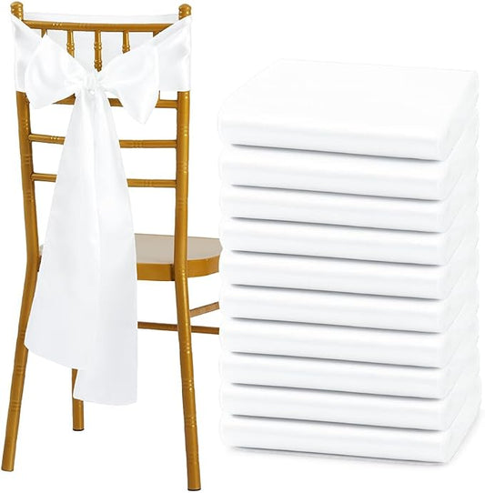 50 Pcs White Satin Chair Sashes Bows Universal Chair Cover for Wedding Reception Events Banquets Party, Hotel Event Decorations, 6 x 108 inch