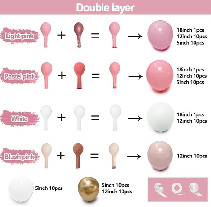 Pink White Gold Balloon Garland, Double Stuffed Pastel Light Pink Cream White Balloon Arch Kit for Baby Shower Birthday Bridal Wedding Mother's Day Party Decorations