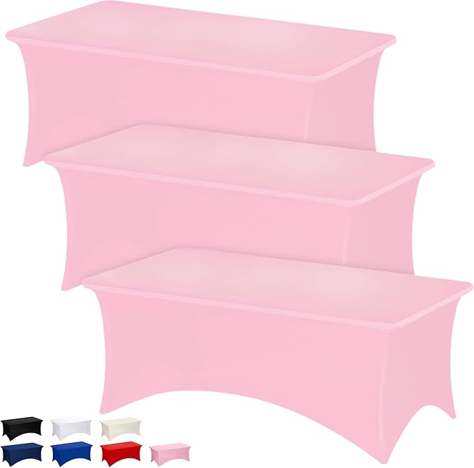 Fixwal 3 Pack Pink Tablecloth Rectangle 8Ft, Stretch Spandex Fitted Table Cover for Party, Trade Show, Wedding, Buffet, Graduation, Vendor Stand