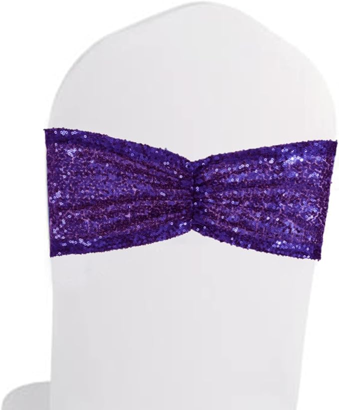 Eternal Beauty Pack of 50 Purple Chair Sashes Band Bows Sequin Chair Sashes for Wedding Cover Decorations