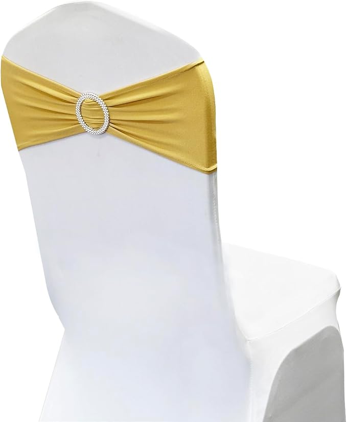 Spandex Chair Sashes Bands 100PCS Stretch Chair Ties Bows with Buckle Slider for Wedding Party Banquet Decoration (Gold New)