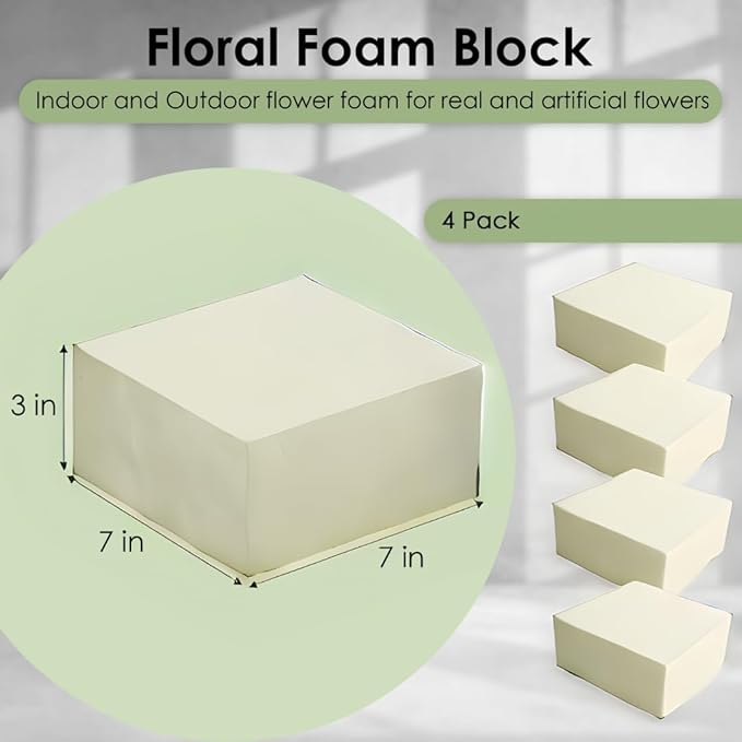 XCEL Floral Foam Blocks - Reusable, Weather Resistant Craft Foam Fresh & Artificial Flower Arrangements, Faux Florist Foam Planters Florist Supplies (Beige White 7" x 7" x 3" - 4 Pack)