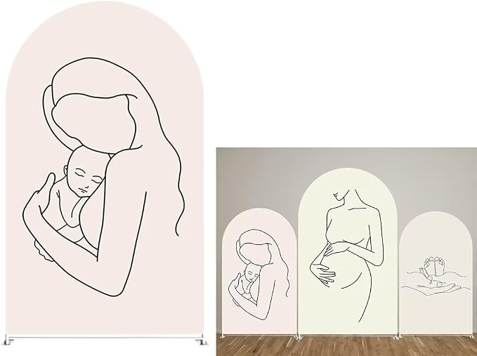 Mother and Her Baby Pattern Arched Fabric Backdrop Covers for Pregnant Party Double-Sided Arch Covers and Metal Arch Backdrop Stand