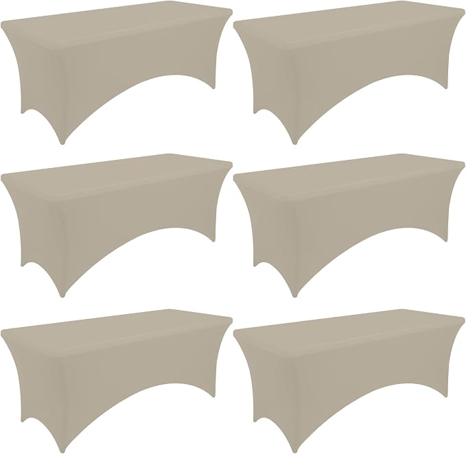 Moosfor Spandex Elastic Fitted 6FT Rectangle Tablecloth 6 Pack, Stretch Washable Reusable Table Cover for Outdoor Picnic, Dining, Wedding, Banquet & Party Events (Taupe, 72Lx30Wx30H Inch)