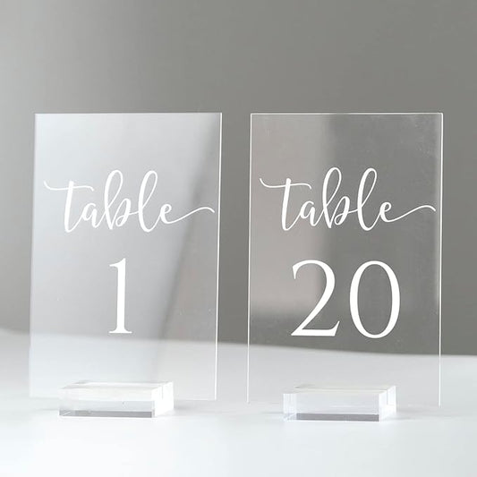 JINMURY Clear Acrylic Wedding Table Numbers 1-20 with Stand- 20 Pack 4x6 Inch Acrylic Clear Table Number Signs Printed Calligraphy Font for Wedding, Event& Party