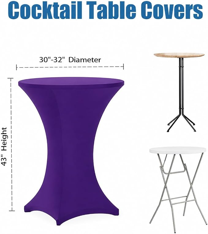 Cocktail Table Covers - 2 Pack 32x43 Inch Table Cloth - Purple Fitted Stretch Spandex Round High Top Tablecloth for Party, Bar, Birthday, Pub, Banquet