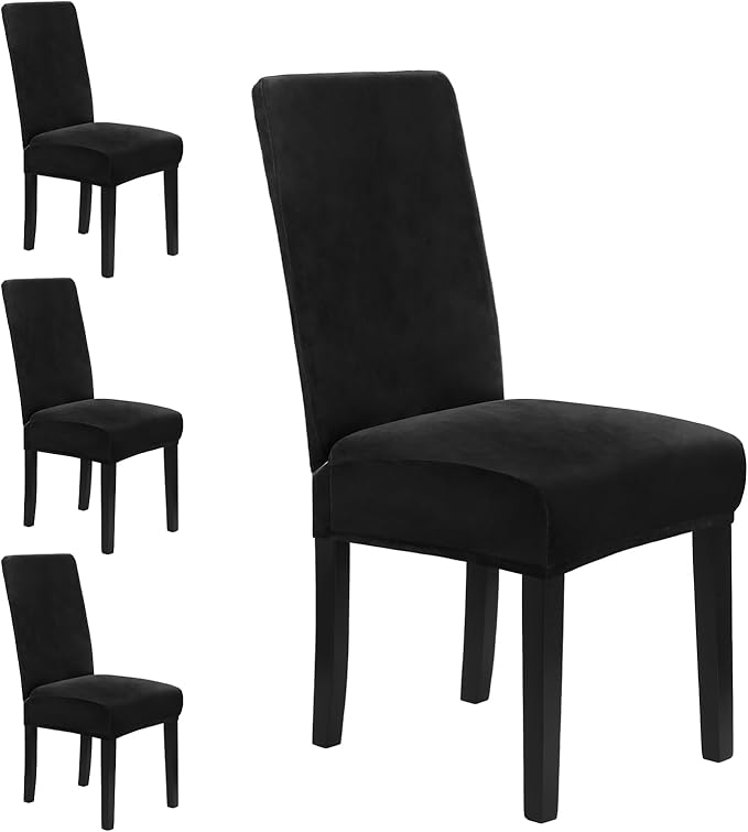 MOSAYT Velvet Stretch Chair Covers for Dining Room Set of 4 - Soft Slipcovers with Thick Removable Fabric for Parsons Chairs, Washable Seat Protectors for Kitchen, Banquet & Home Decor, Black