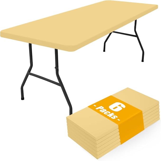 Smiry 6 Pack Rectangle Picnic Table Cloth, Waterproof Elastic Fitted Tablecloths, Washable Polyester Rectangular Patio Table Cover for Camping, Indoor and Outdoor (Light Camel, 30"x72")