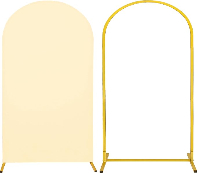 Metal Arch Stand and Cover Set,1 Beige Spandex Fitted Backdrop with 1 Gold Wedding Arched Stand Frame for Parties Birthday Baby Shower Bridal Banquet Decoration (7.2FT)