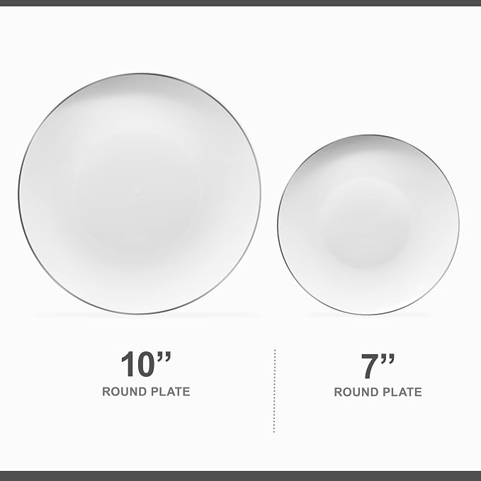Plasticpro 128 Piece Combo Plates Set includes 64-7'' inch Plates & 64-10'' inch Plates White Plates with Silver Rim Plastic PartyPlates Premium heavyweight Elegant, Disposable, Tableware, Dishes,