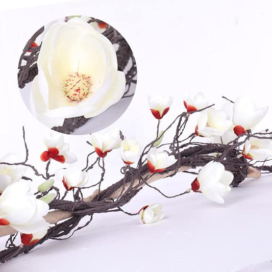 118 inch Artificial Magnolia Orchid Flowers Ivy Vines Garland Fake Tree Branches Trunk with Flores Wreath for Wedding Arch Wall Hanging Home Room Mantel Spring Decoration (White)