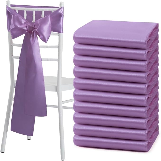 10 Pcs Light Purple Satin Chair Sashes Bows Universal Chair Cover for Wedding Reception Events Banquets Party, Hotel Event Decorations, 6 x 108 inch