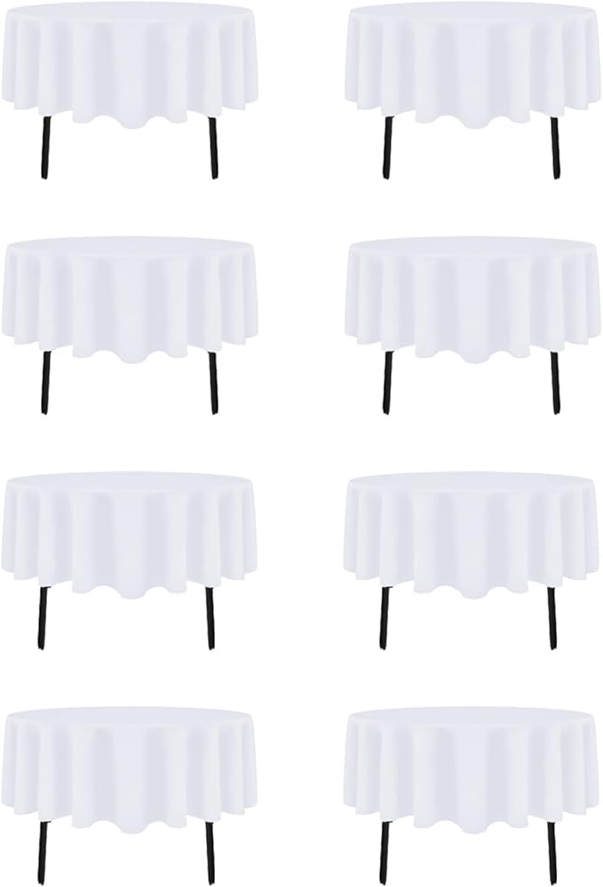 8 Pack White Round Tablecloth 60 Inch White Table Cloth (Fits 20-48 Inch Tables) Stain and Wrinkle Resistant Reusable and Washable Polyester Fabric for Buffet Wedding Party and Banquet